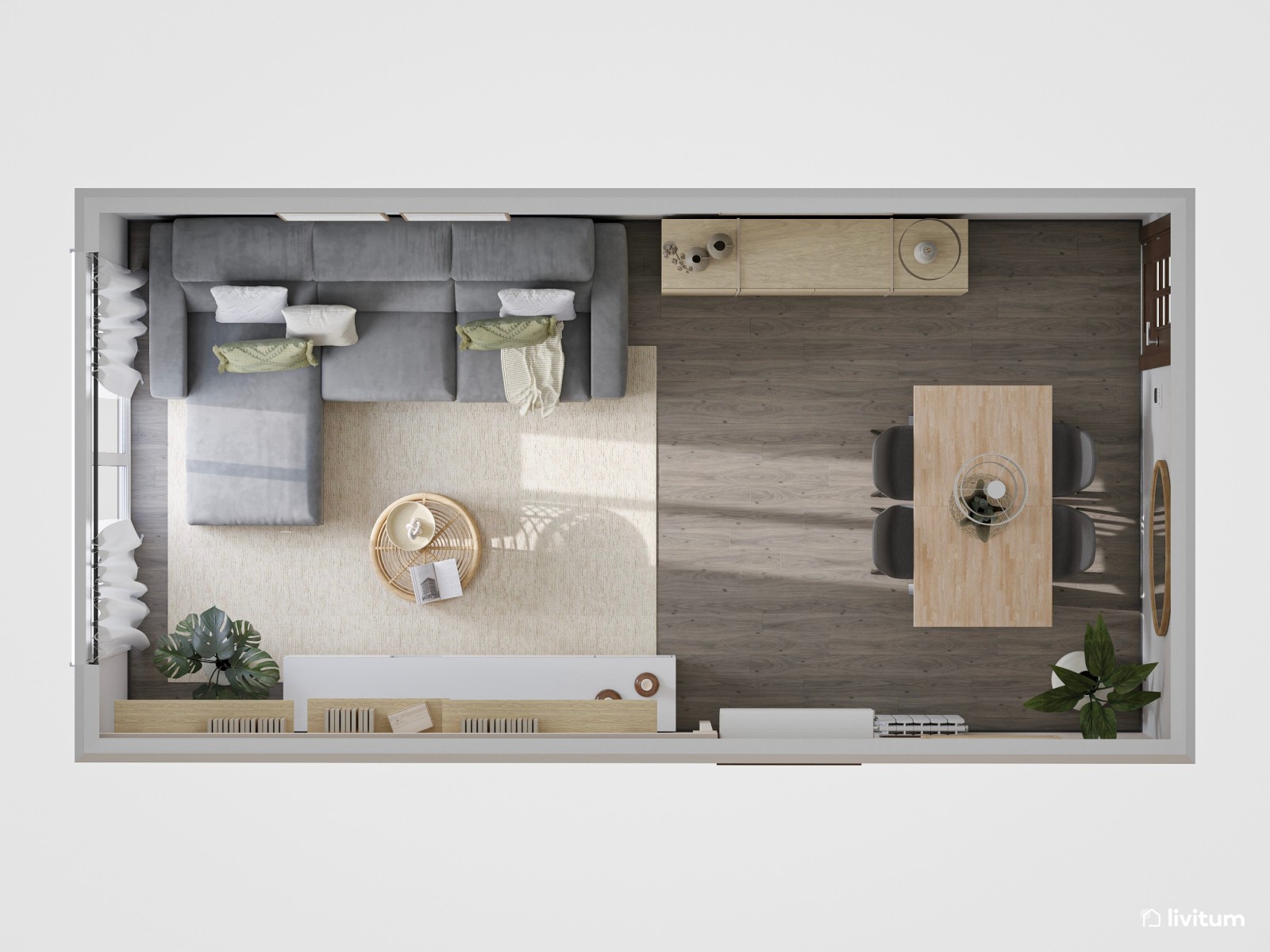 Salón pequeño boho y moderno de 18 m² con textiles suaves
