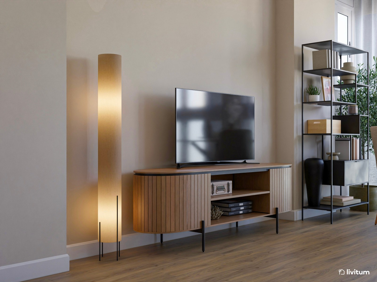 Salón pequeño con mobiliario de terminaciones curvas y suaves