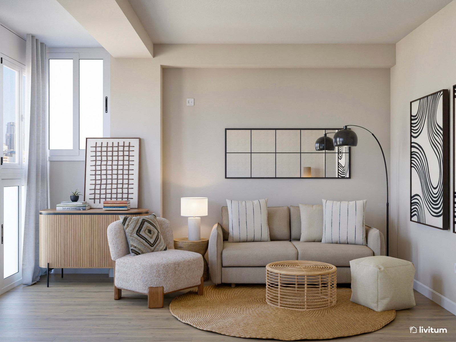 Salón pequeño con mobiliario de terminaciones curvas y suaves