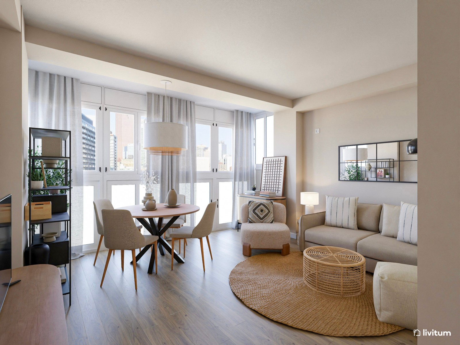 Salón pequeño con mobiliario de terminaciones curvas y suaves