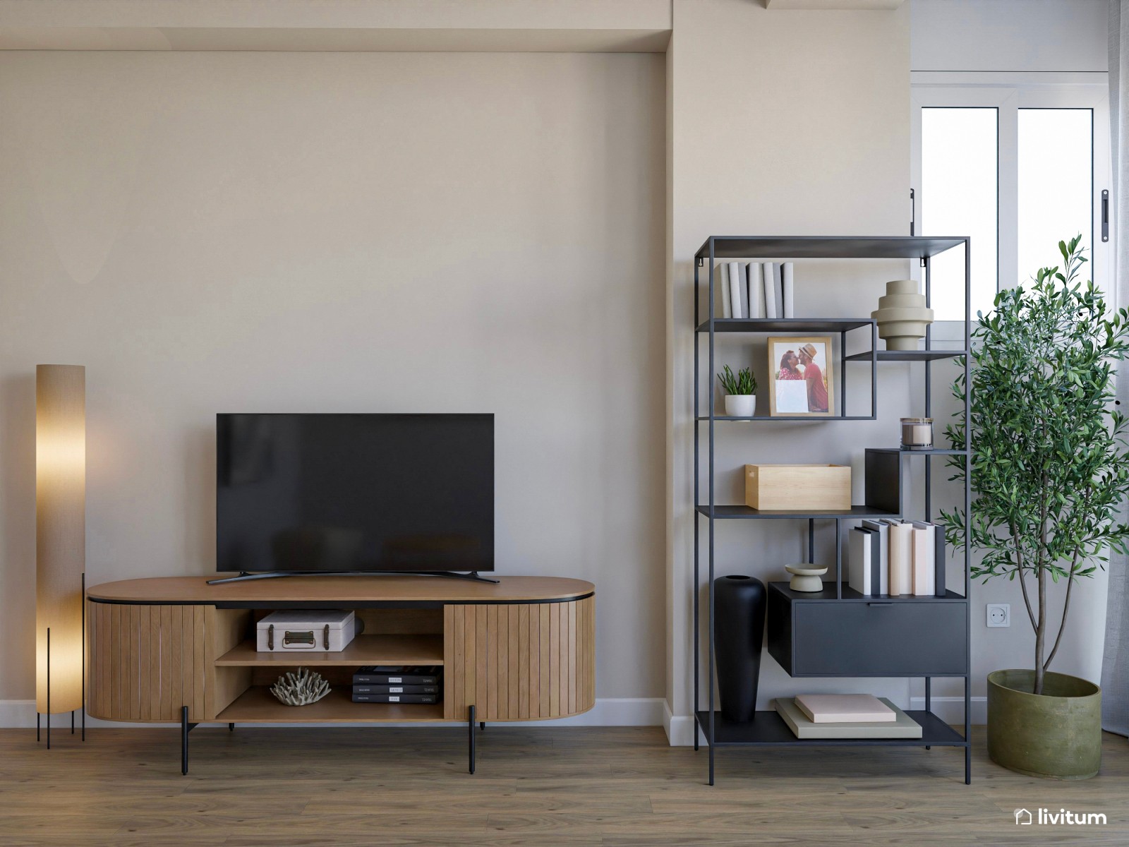 Salón pequeño con mobiliario de terminaciones curvas y suaves