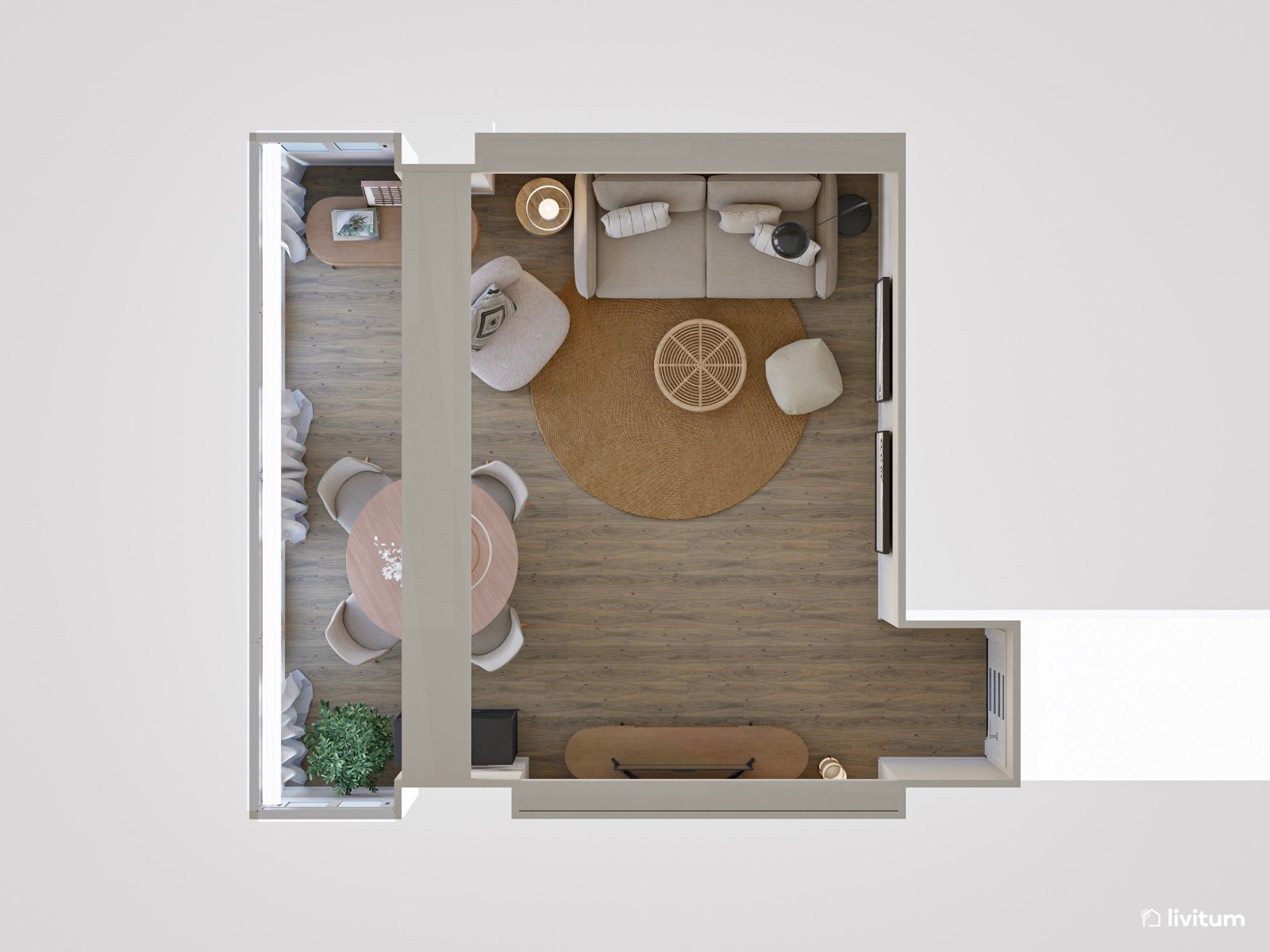 Salón pequeño con mobiliario de terminaciones curvas y suaves