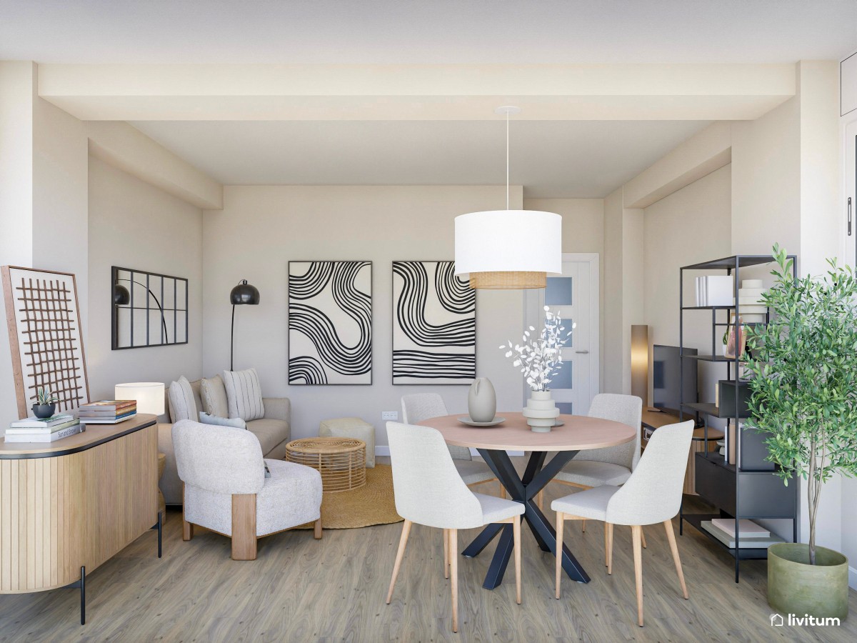 Salón pequeño con mobiliario de terminaciones curvas y suaves