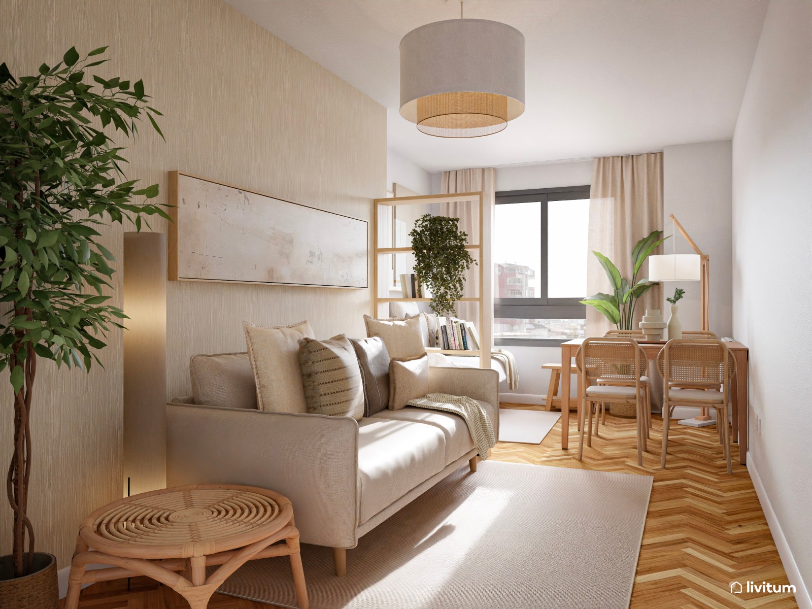 Salón pequeño de 15 m² y alargado de estilo nórdico con cama abatible integrada 