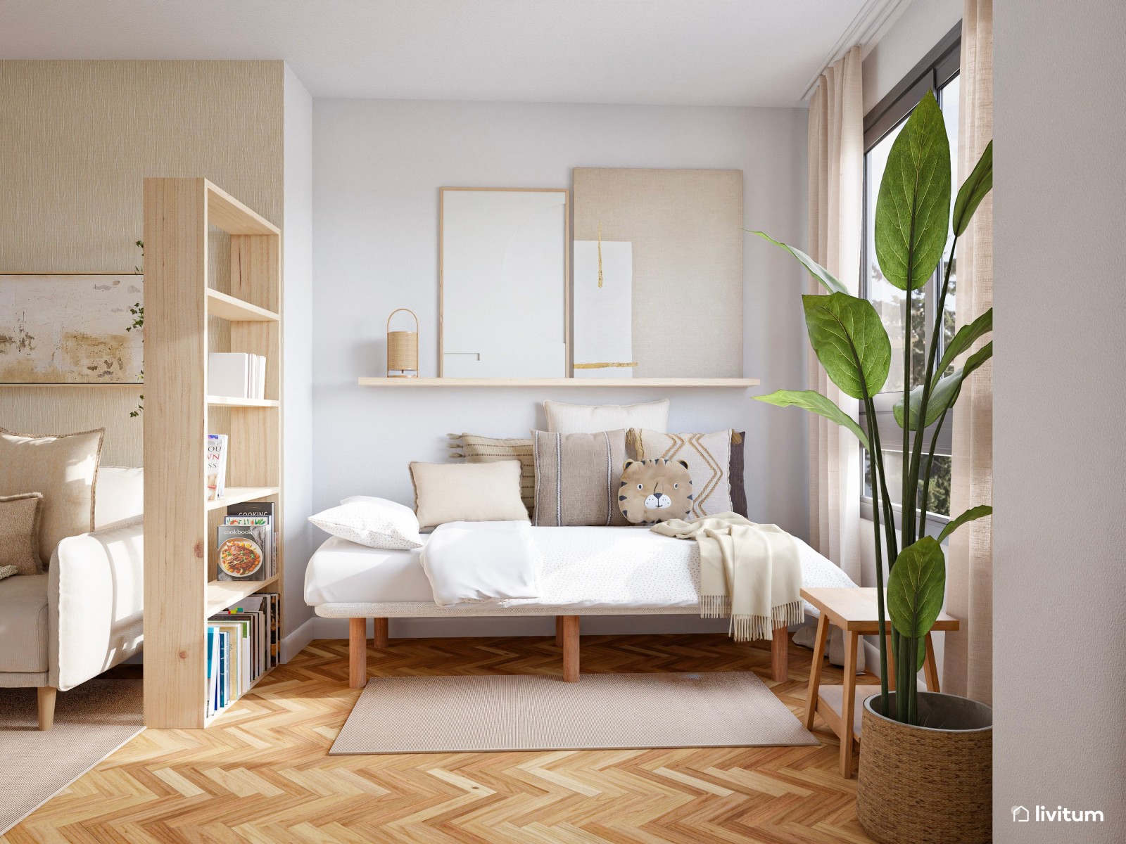 Salón pequeño de 15 m² y alargado de estilo nórdico con cama abatible integrada 