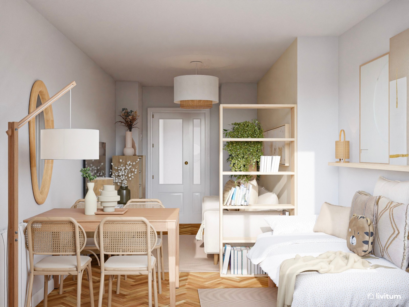 Salón pequeño de 15 m² y alargado de estilo nórdico con cama abatible integrada 