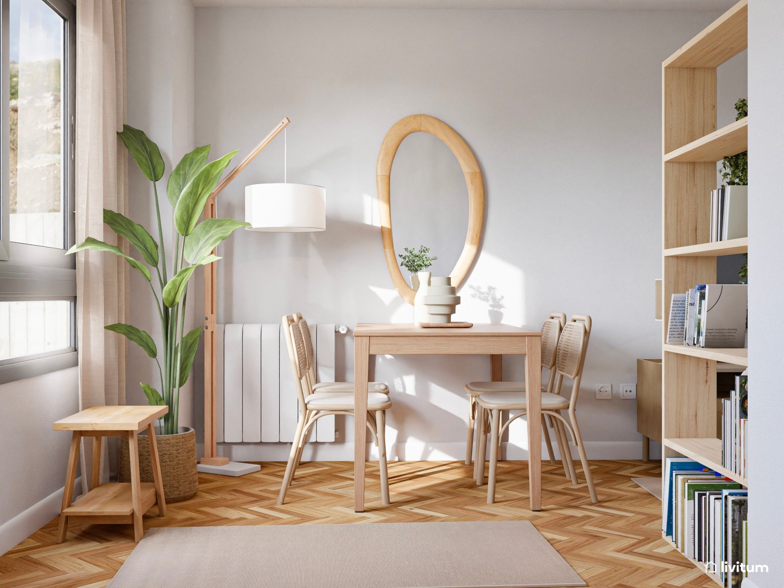 Salón pequeño de 15 m² y alargado de estilo nórdico con cama abatible integrada 