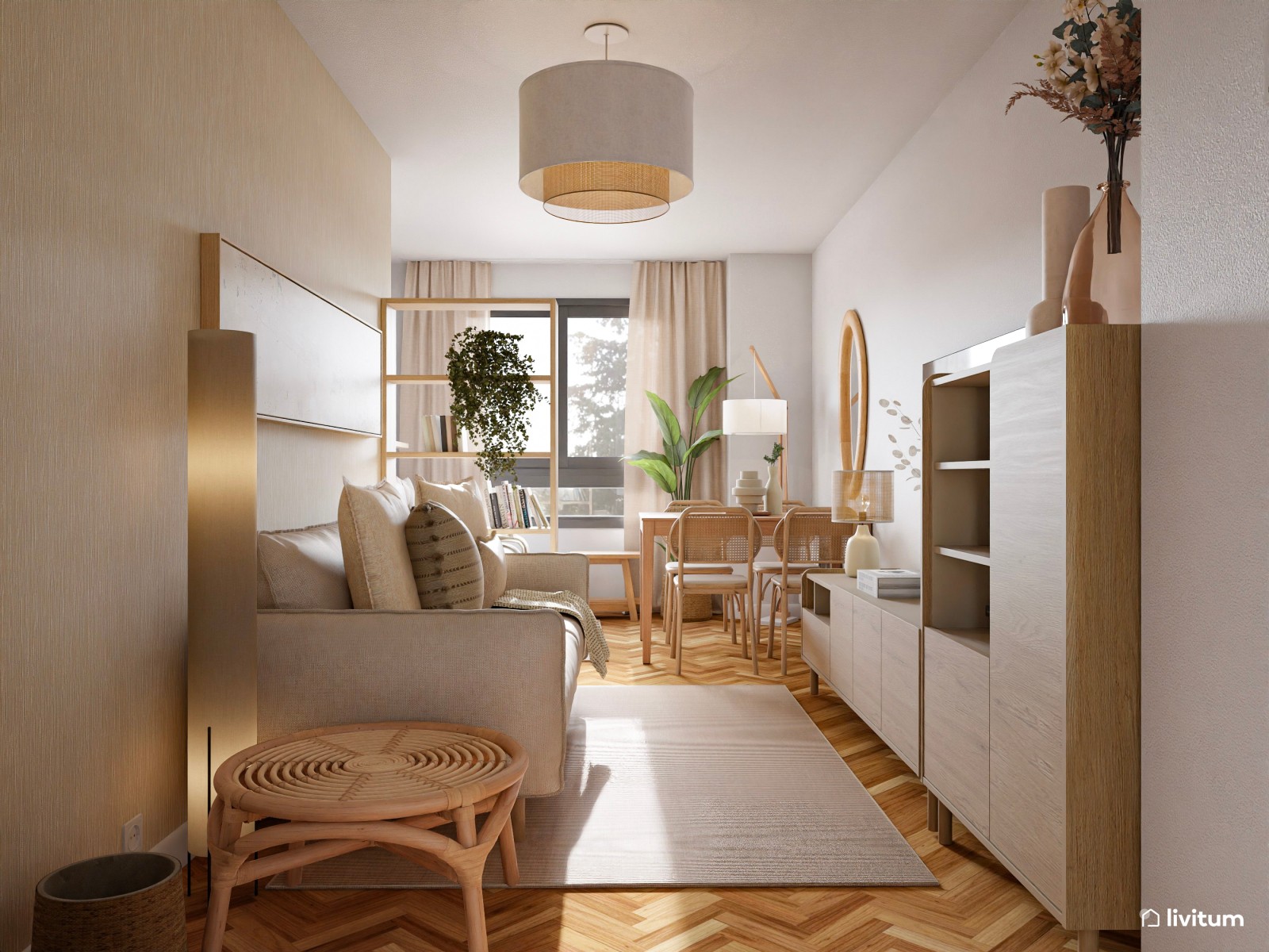 Salón pequeño de 15 m² y alargado de estilo nórdico con cama abatible integrada 