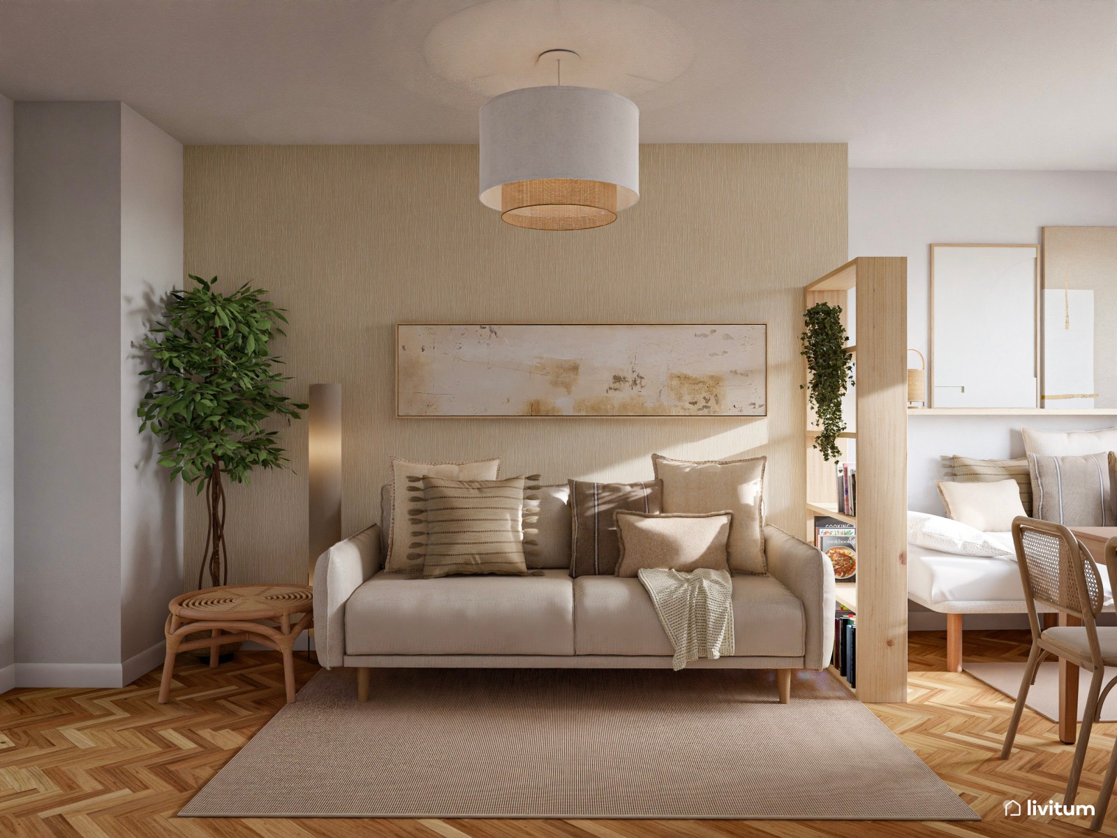 Salón pequeño de 15 m² y alargado de estilo nórdico con cama abatible integrada 