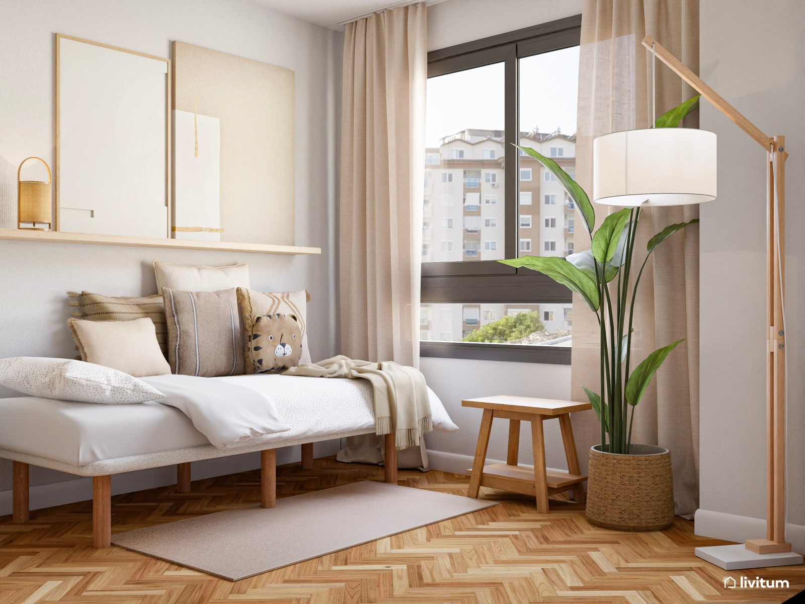 Salón pequeño de 15 m² y alargado de estilo nórdico con cama abatible integrada 