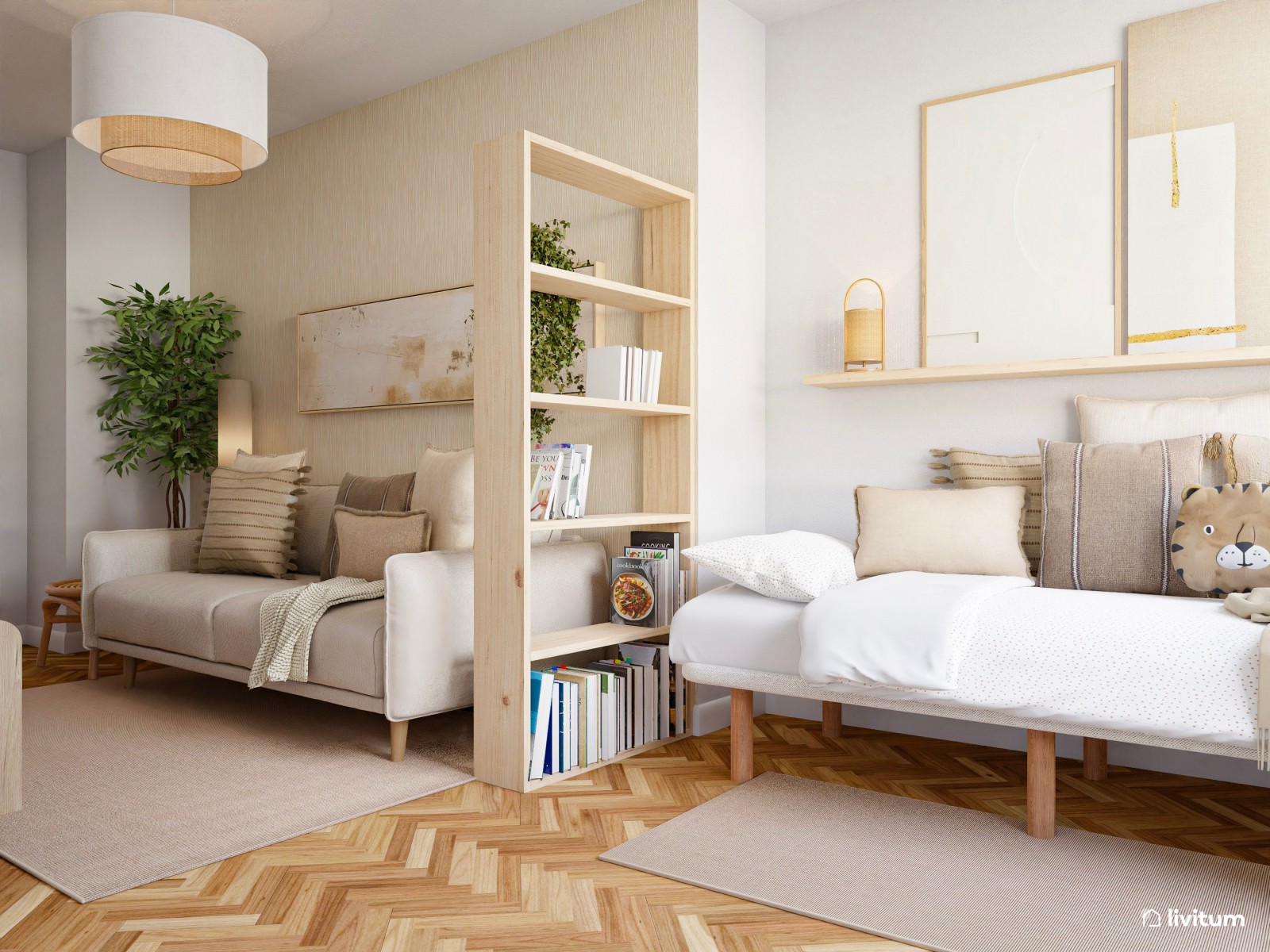Salón pequeño de 15 m² y alargado de estilo nórdico con cama abatible integrada 
