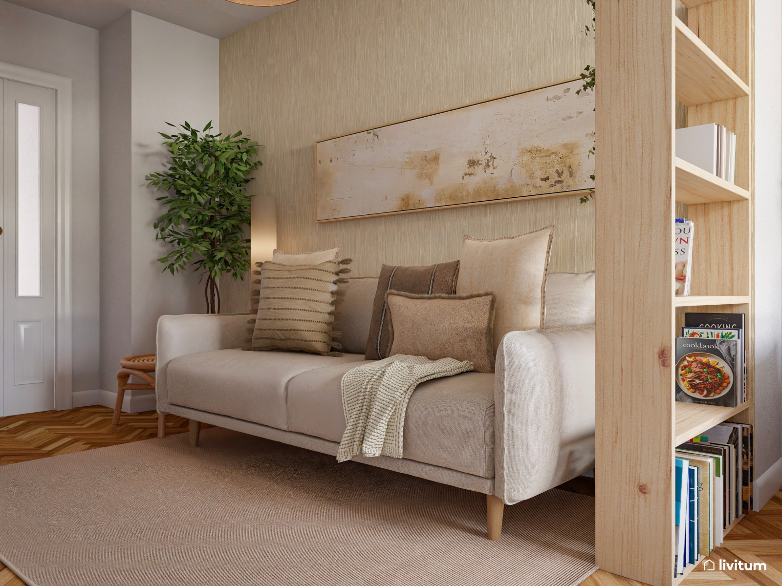 Salón pequeño de 15 m² y alargado de estilo nórdico con cama abatible integrada 