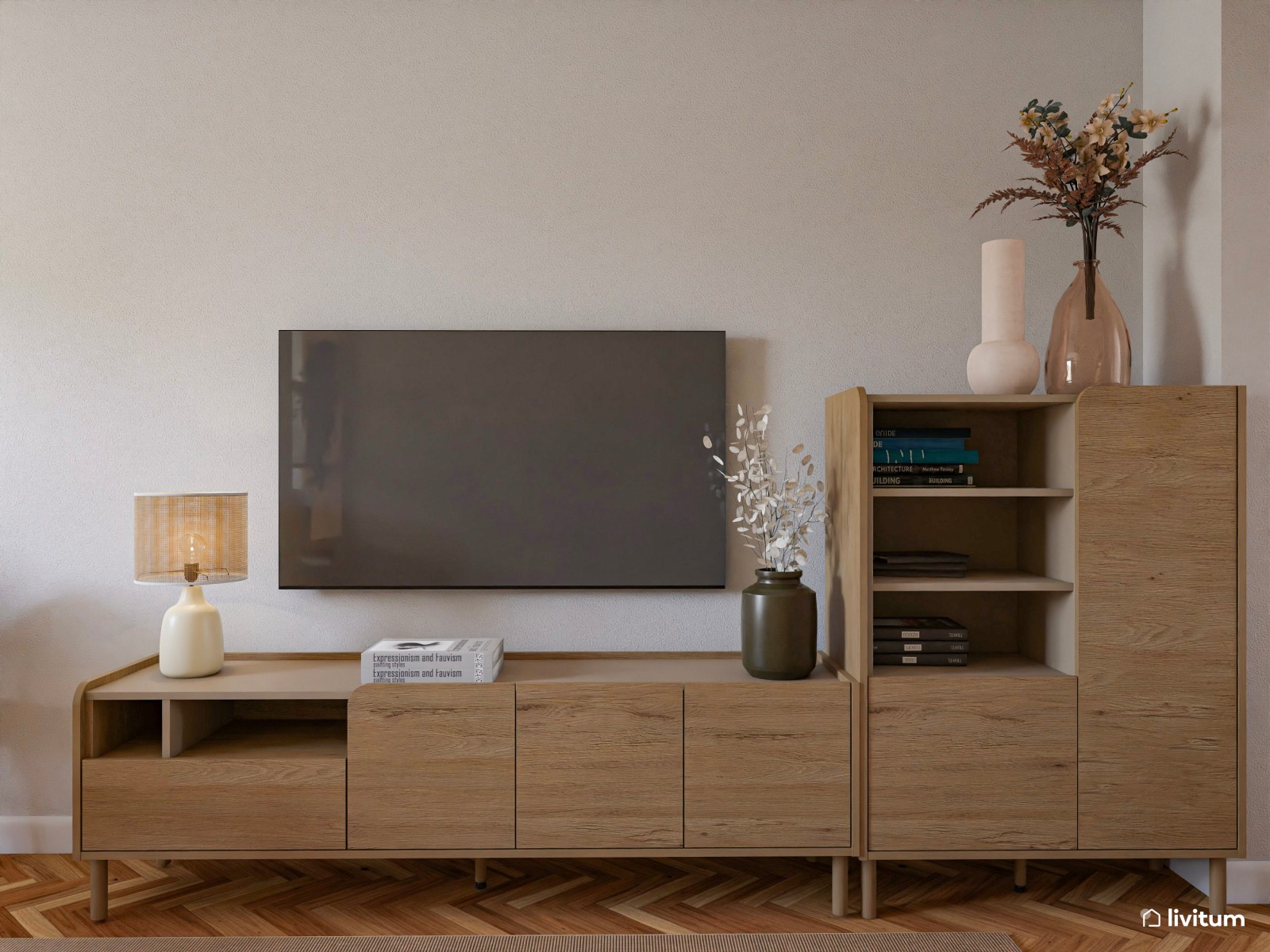 Salón pequeño de 15 m² y alargado de estilo nórdico con cama abatible integrada 