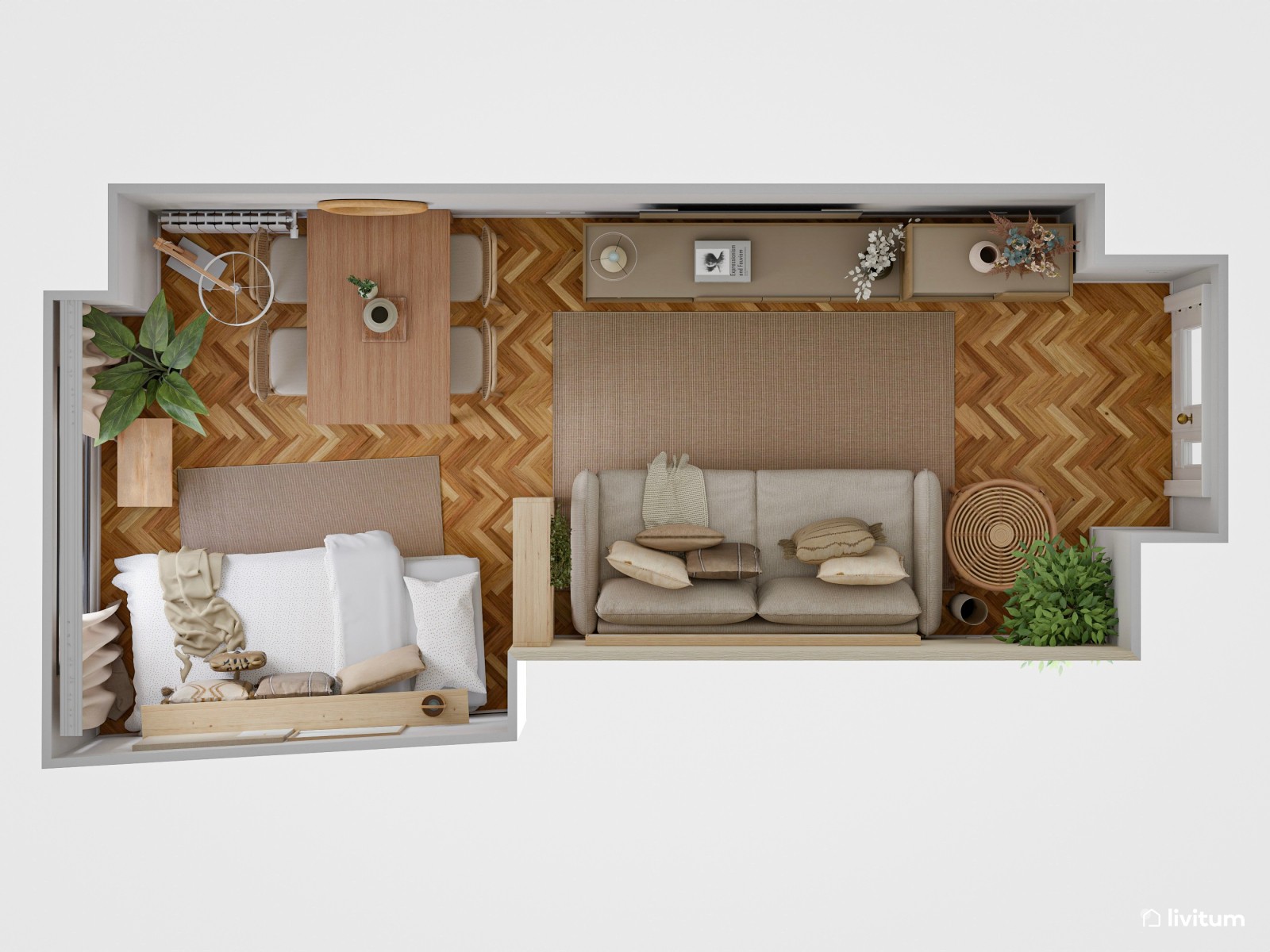 Salón pequeño de 15 m² y alargado de estilo nórdico con cama abatible integrada 