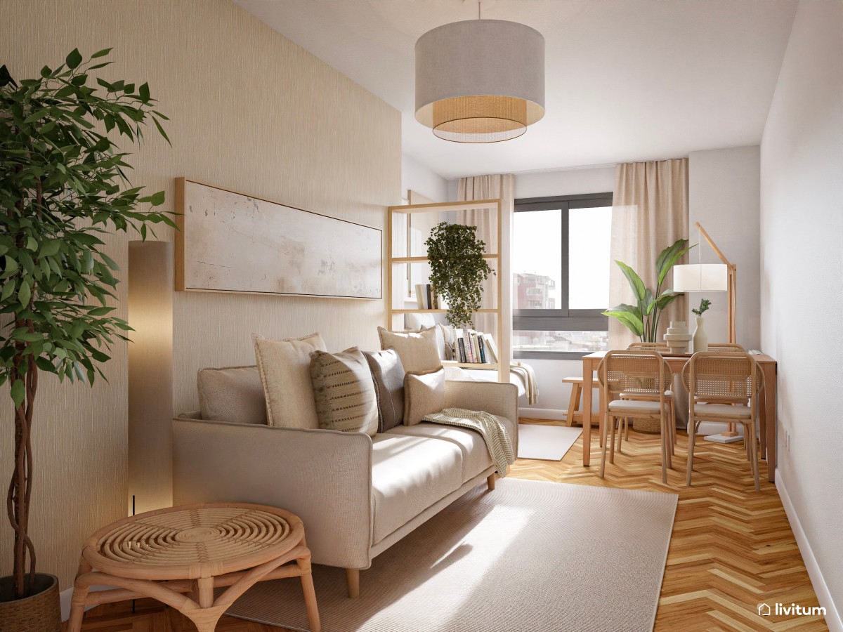 Salón pequeño de 15 m² y alargado de estilo nórdico con cama abatible integrada 