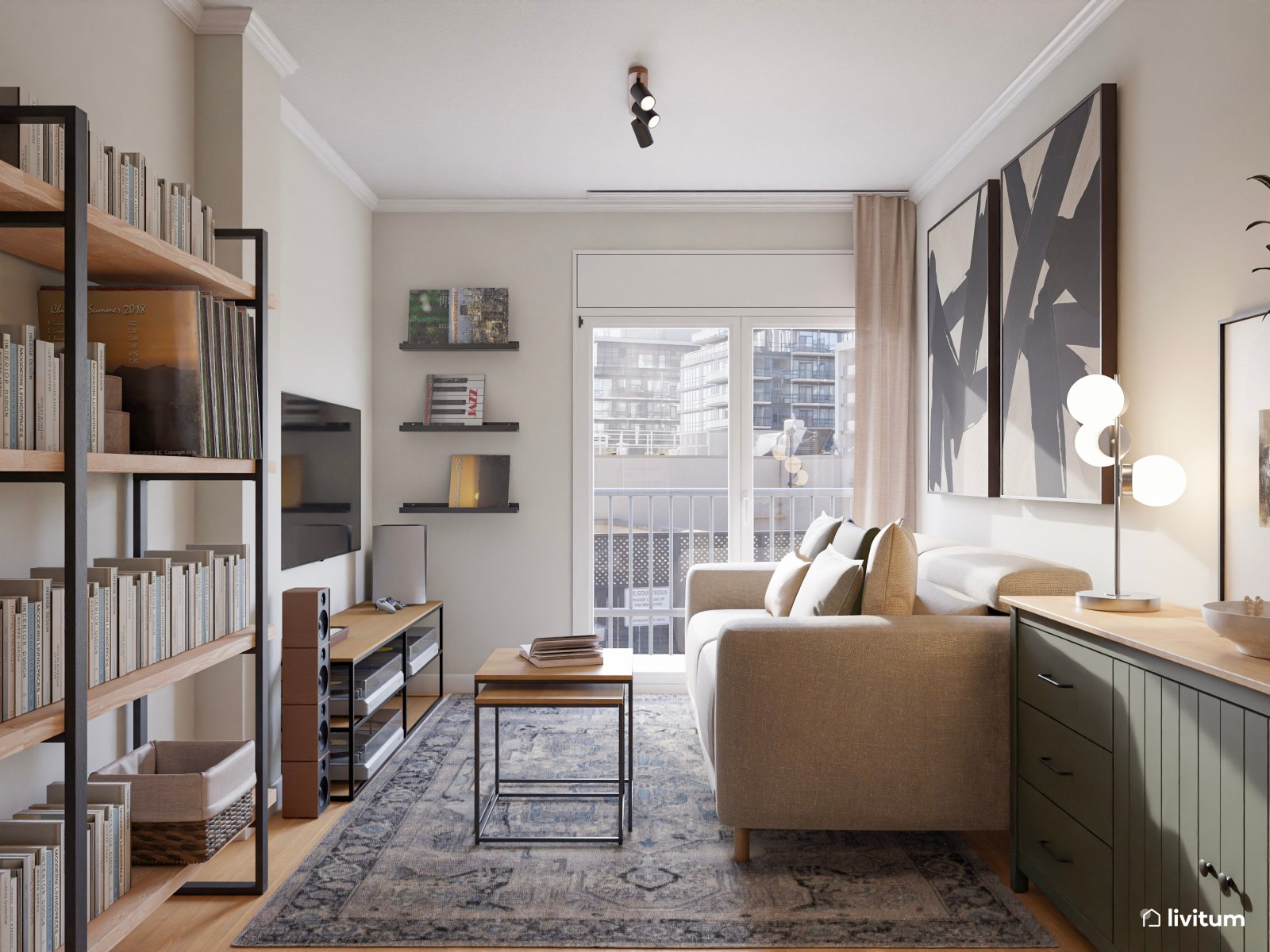 Salón pequeño de estilo industrial con detalles clásicos en verde musgo