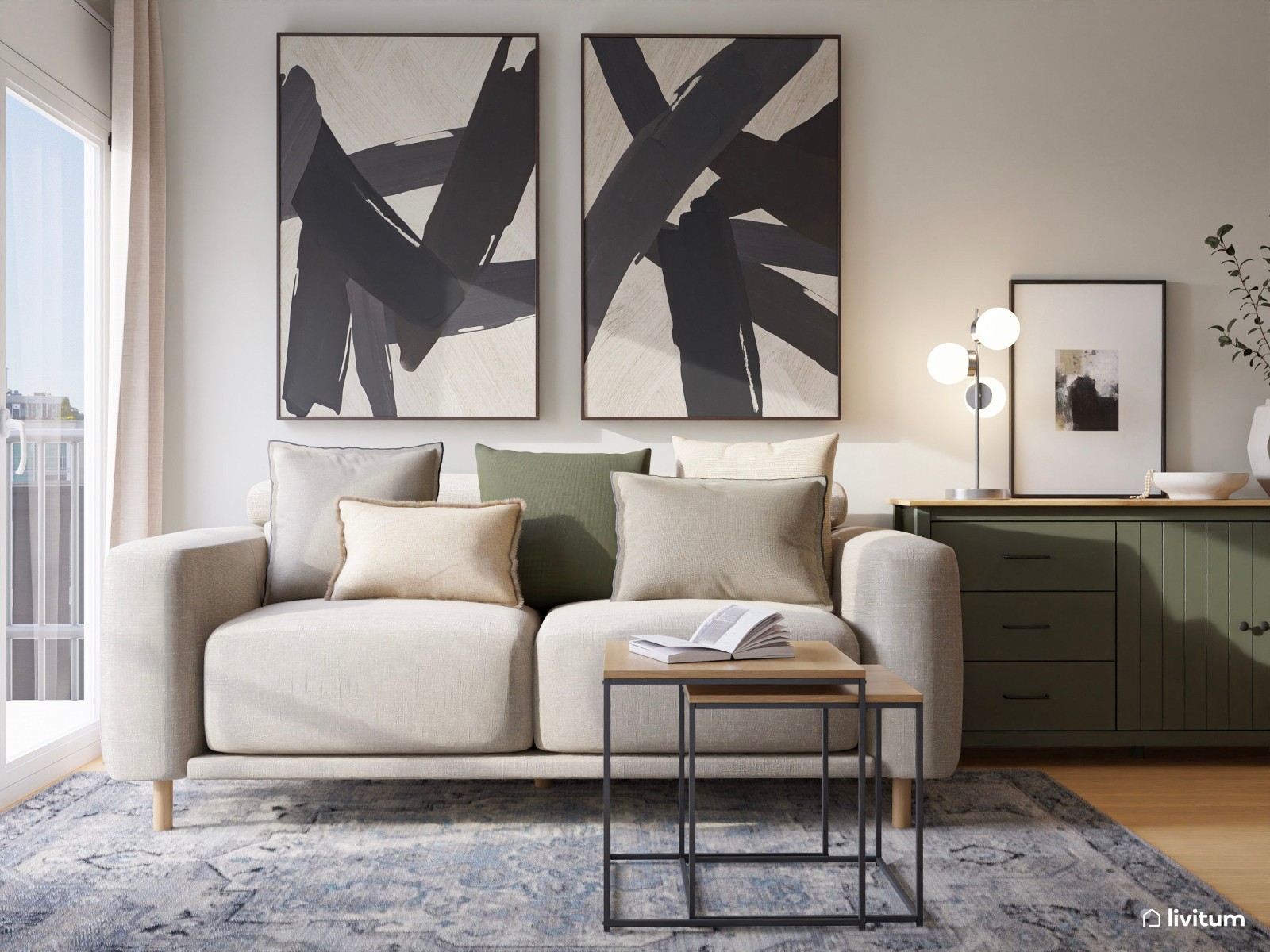 Salón pequeño de estilo industrial con detalles clásicos en verde musgo