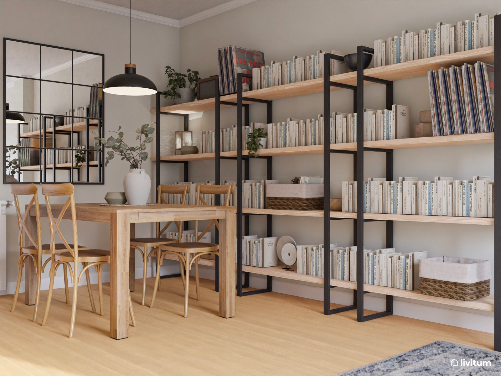 Salón pequeño de estilo industrial con detalles clásicos en verde musgo