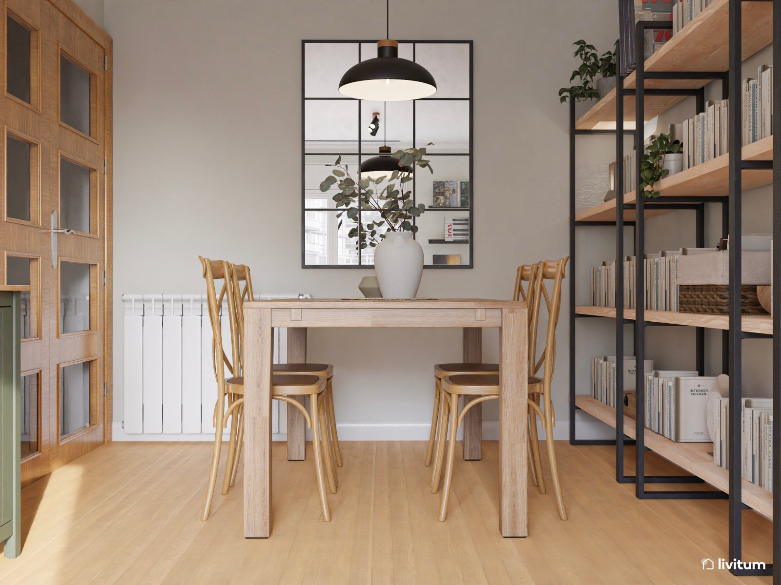 Salón pequeño de estilo industrial con detalles clásicos en verde musgo