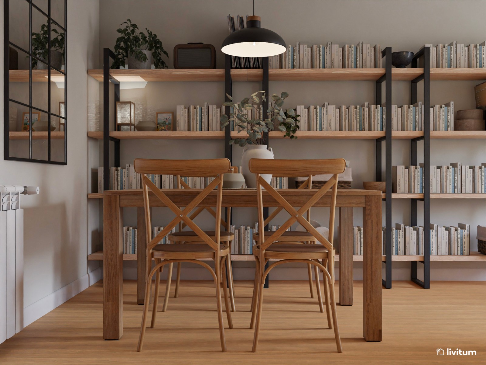 Salón pequeño de estilo industrial con detalles clásicos en verde musgo