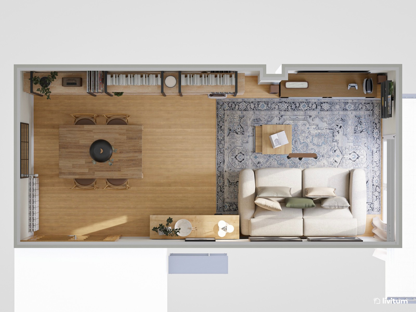 Salón pequeño de estilo industrial con detalles clásicos en verde musgo