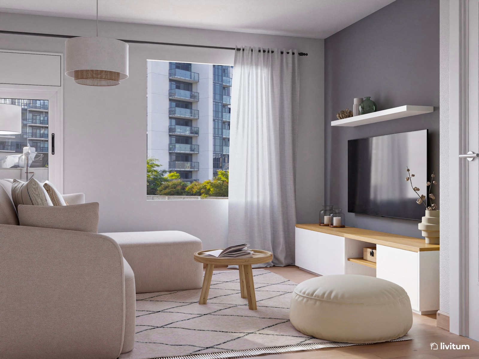 Salón pequeño en tonos cálidos con detalles modernos
