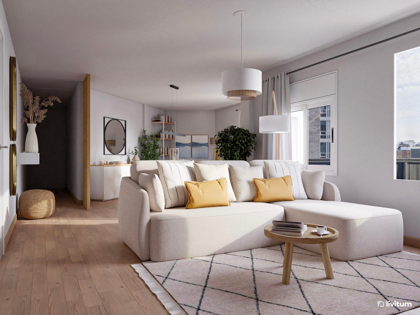 Salón pequeño en tonos cálidos con detalles modernos