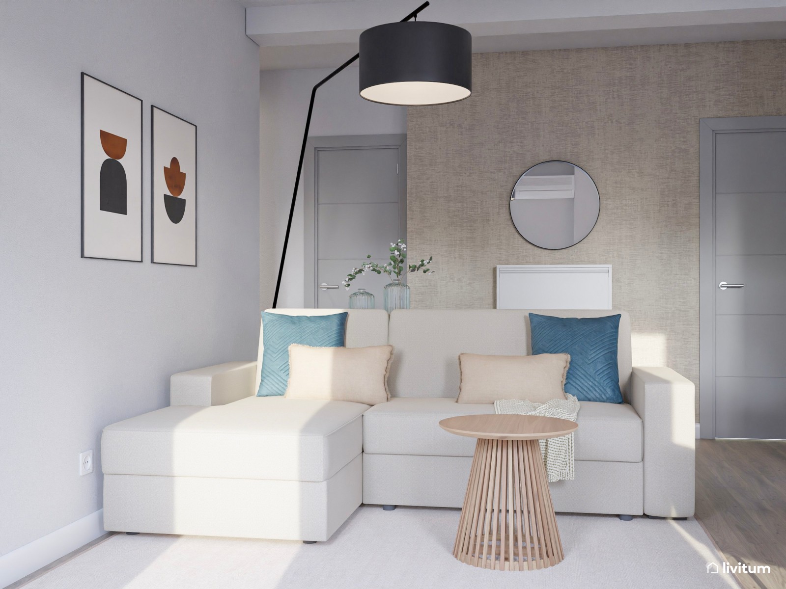 Salón pequeño, moderno, con cocina abierta y acentos azules