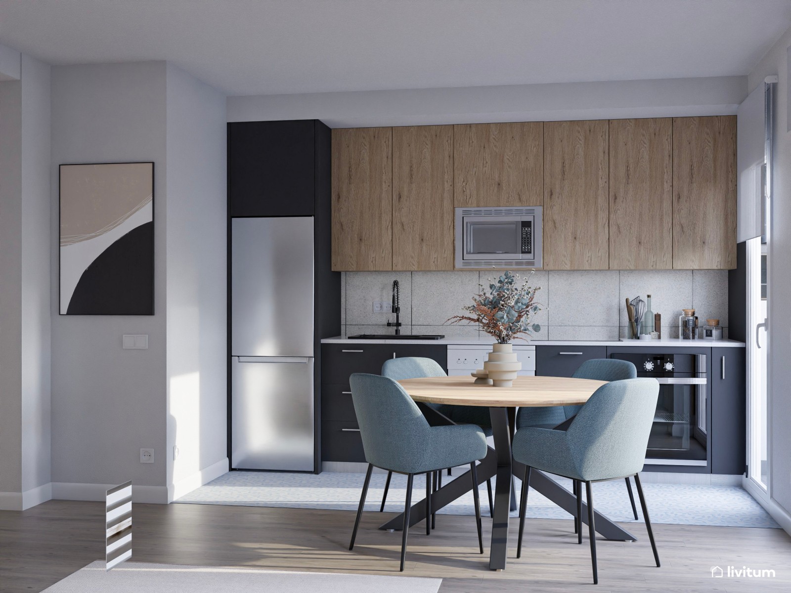 Salón pequeño, moderno, con cocina abierta y acentos azules