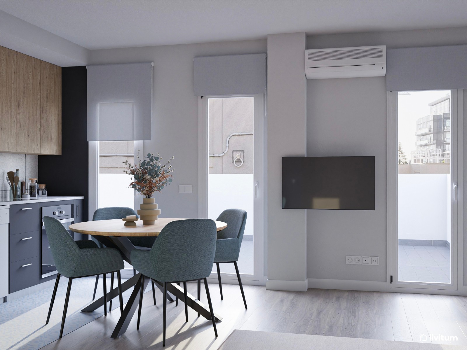 Salón pequeño, moderno, con cocina abierta y acentos azules