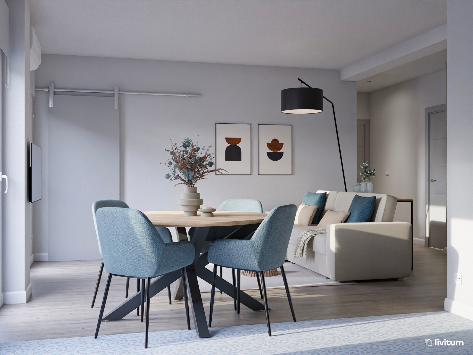 Salón pequeño, moderno, con cocina abierta y acentos azules