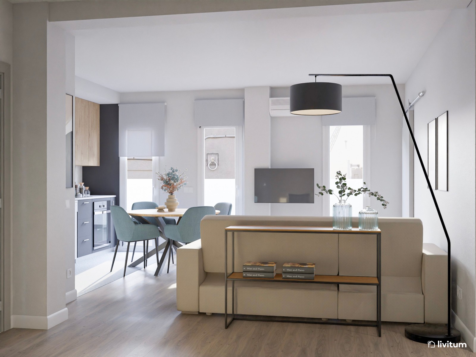 Salón pequeño, moderno, con cocina abierta y acentos azules