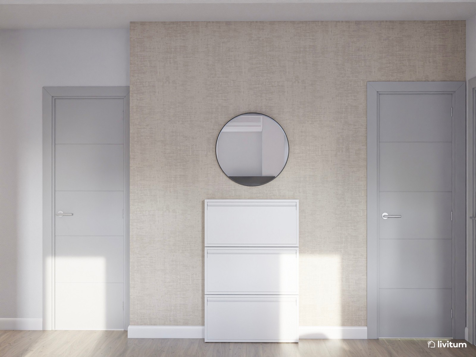 Salón pequeño, moderno, con cocina abierta y acentos azules