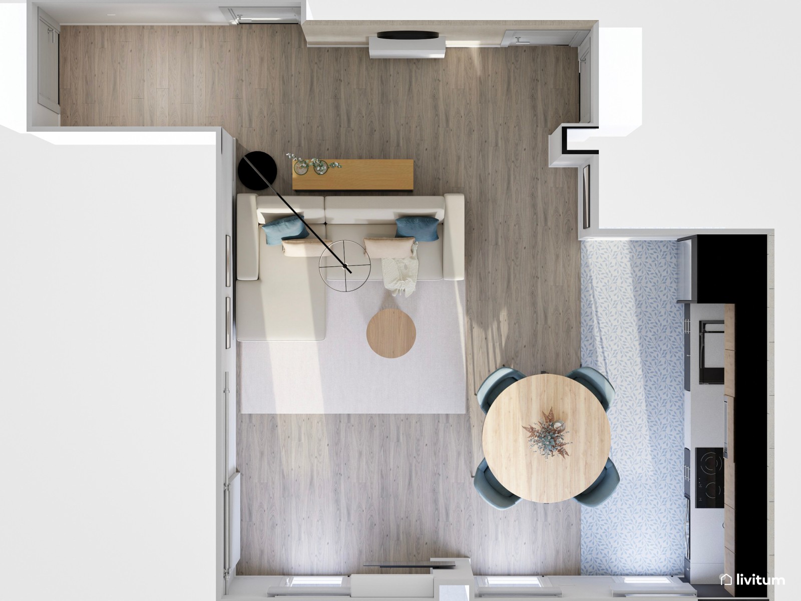 Salón pequeño, moderno, con cocina abierta y acentos azules