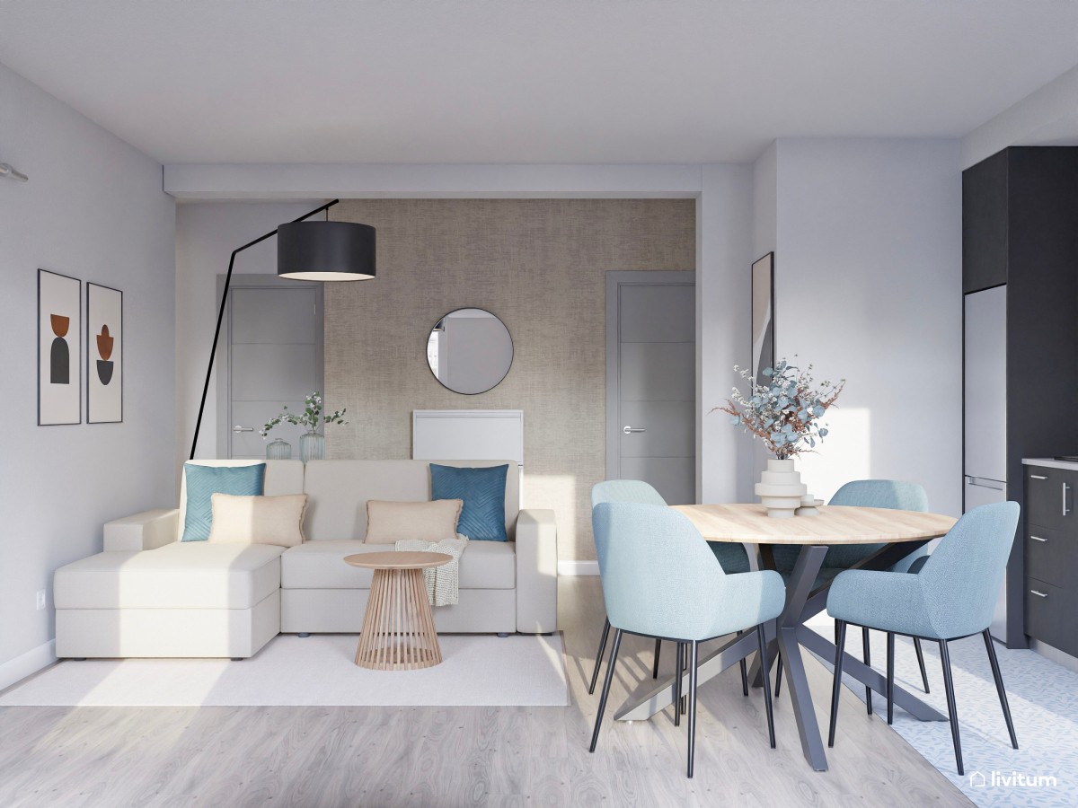 Salón pequeño, moderno, con cocina abierta y acentos azules