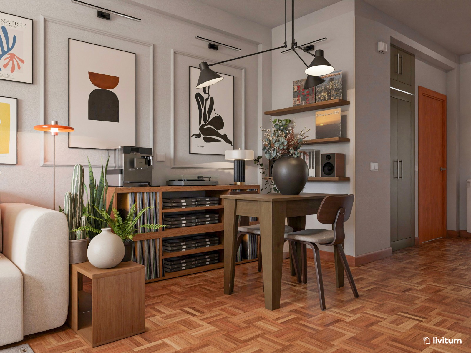 Salón pequeño moderno, con suelo oscuro y cuadros de colores