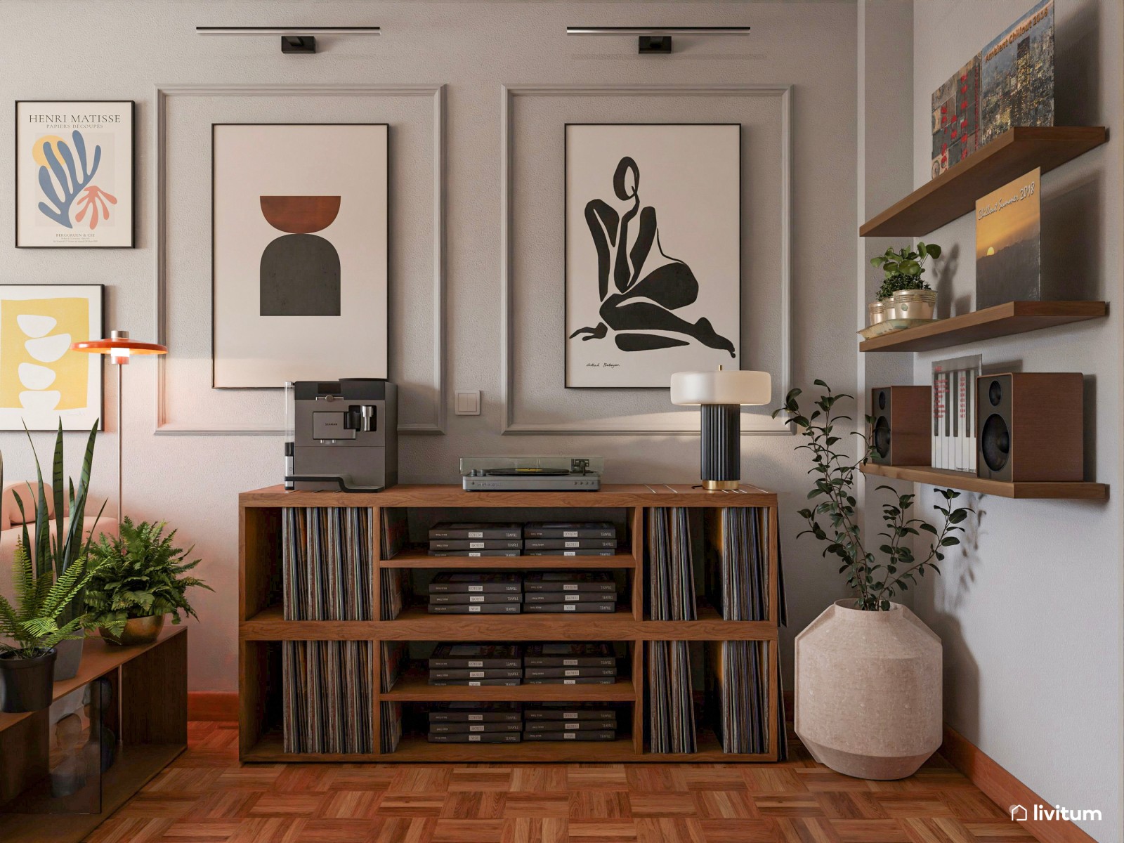 Salón pequeño moderno, con suelo oscuro y cuadros de colores