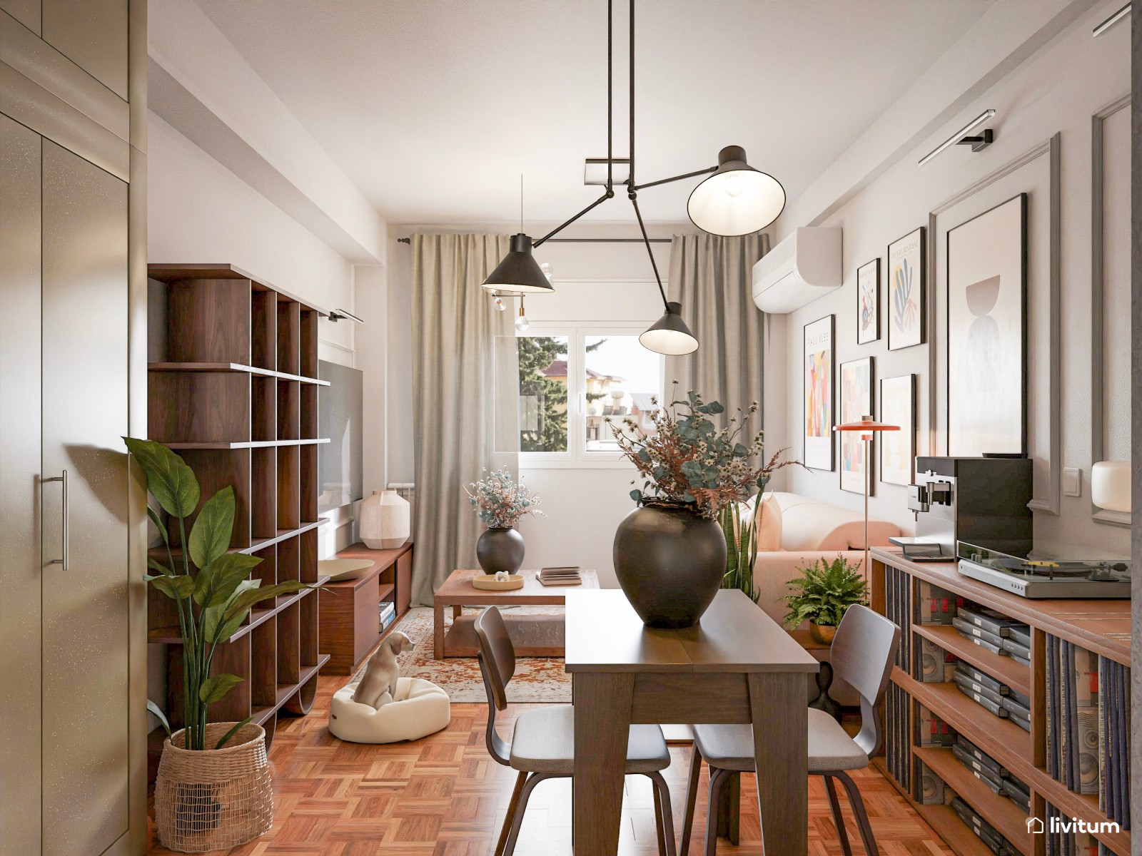 Salón pequeño moderno, con suelo oscuro y cuadros de colores