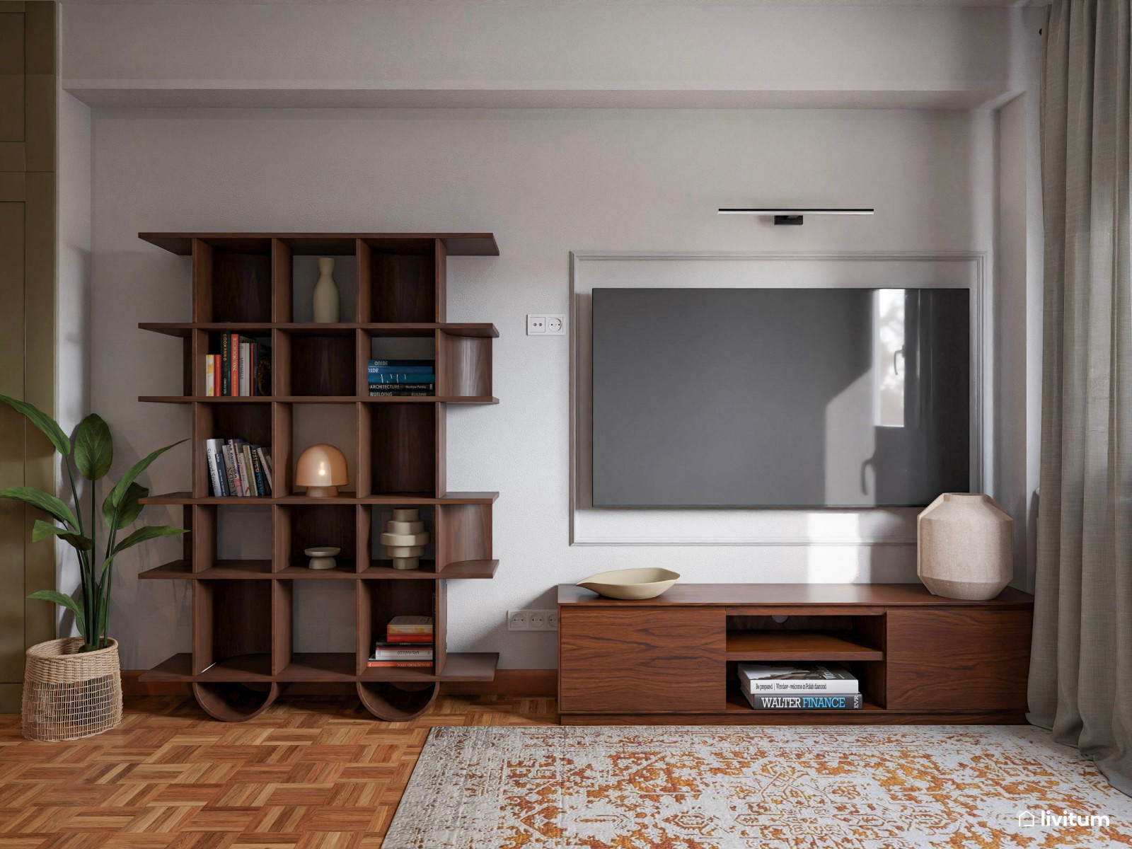 Salón pequeño moderno, con suelo oscuro y cuadros de colores