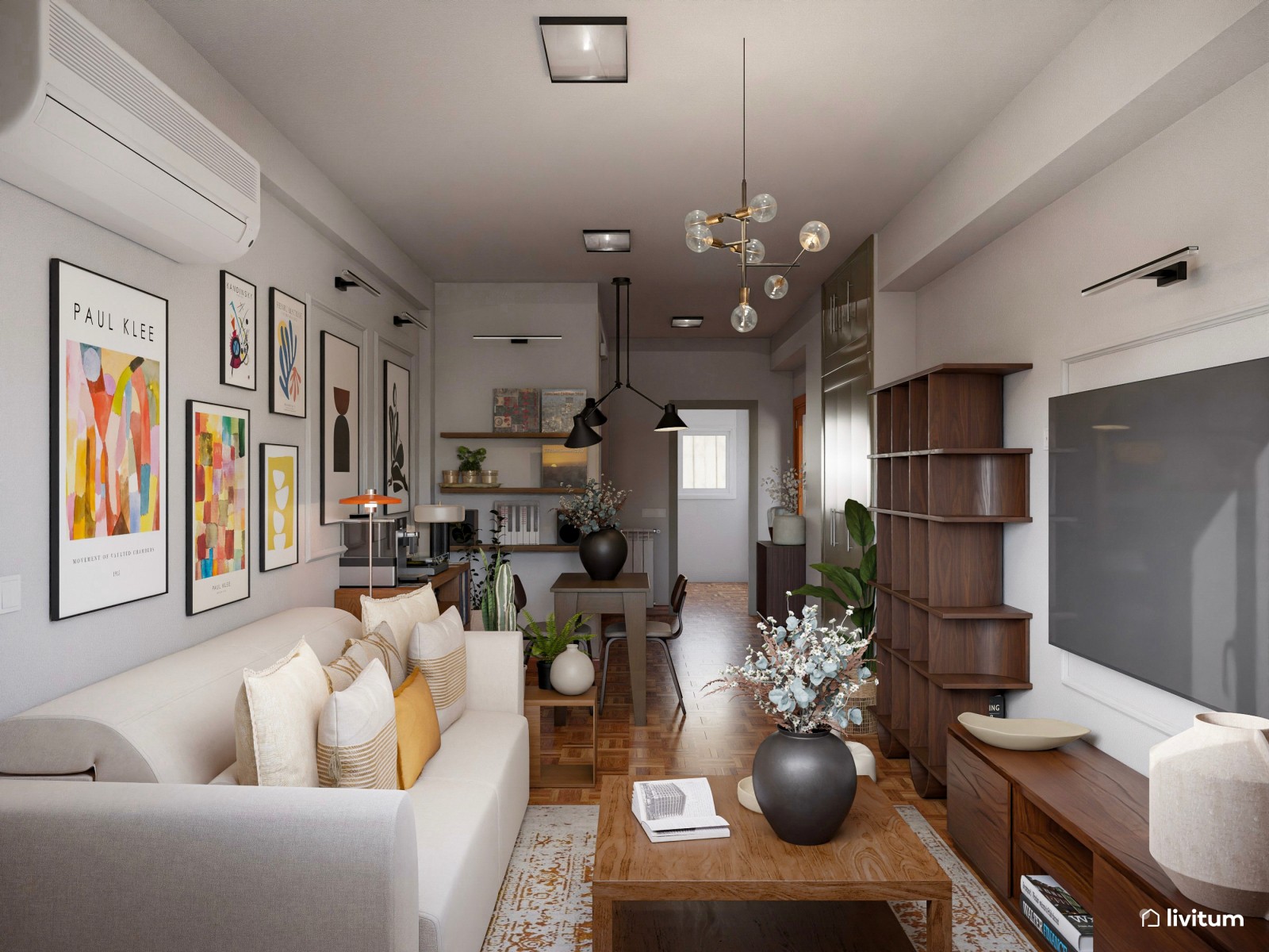 Salón pequeño moderno, con suelo oscuro y cuadros de colores