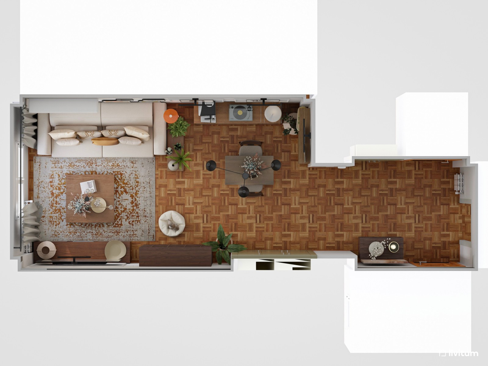 Salón pequeño moderno, con suelo oscuro y cuadros de colores