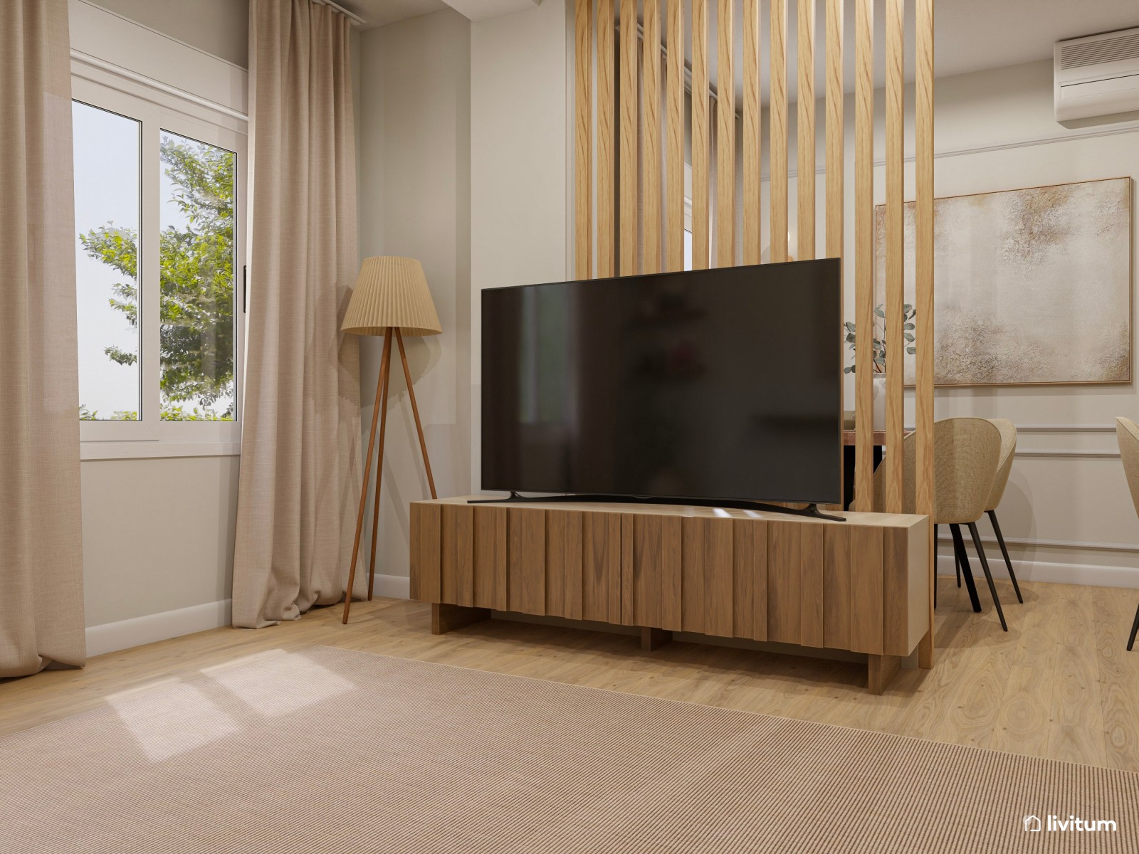 Salón pequeño, moderno y elegante con zona de trabajo 