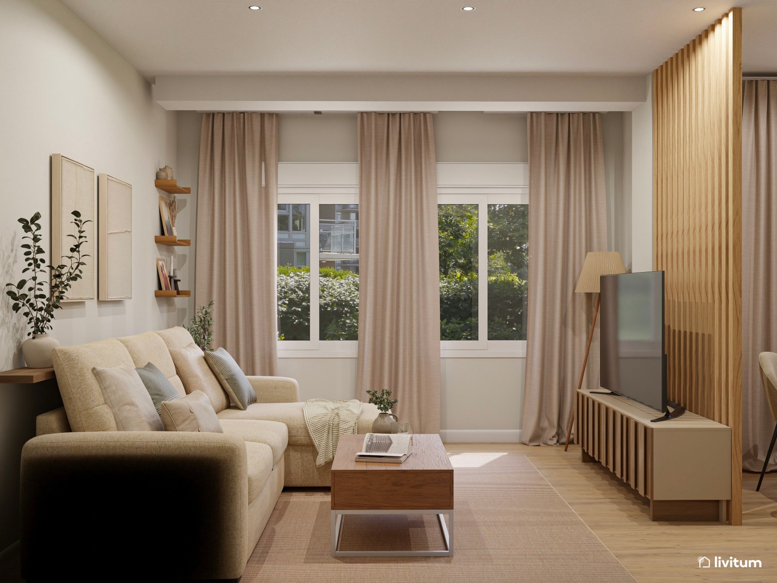 Salón pequeño, moderno y elegante con zona de trabajo 
