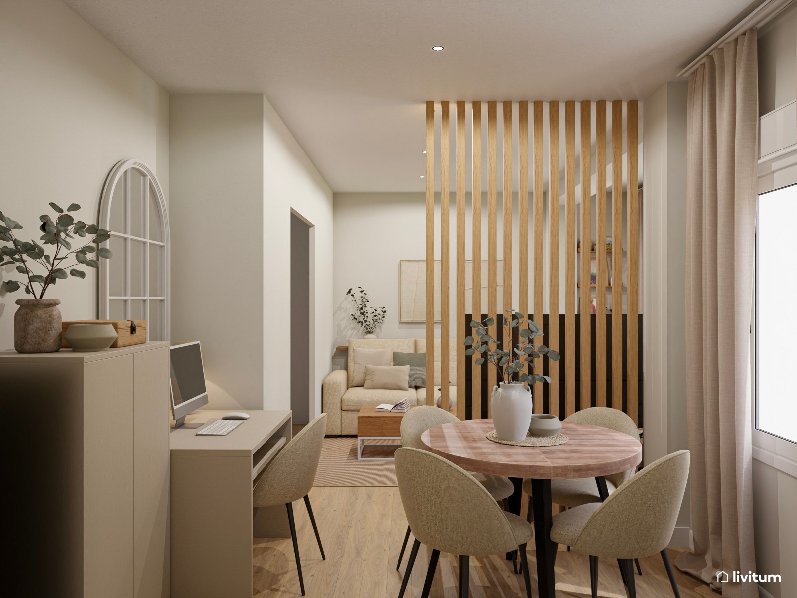Salón pequeño, moderno y elegante con zona de trabajo 