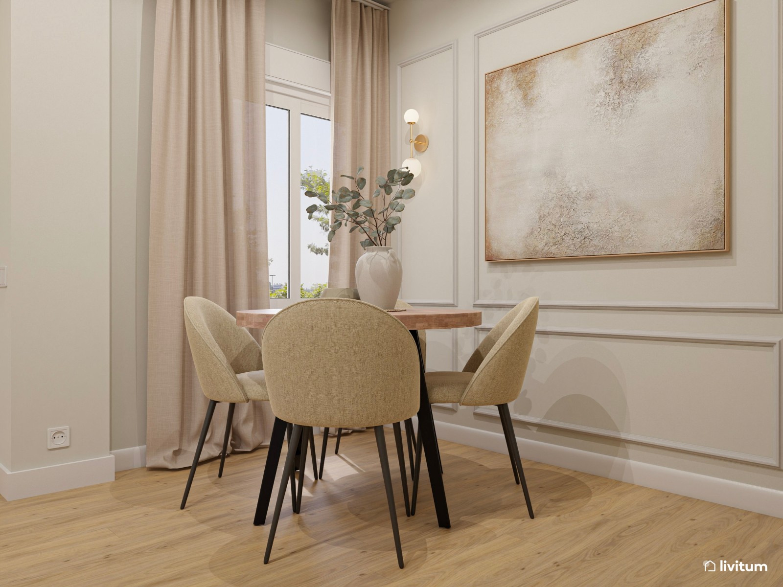 Salón pequeño, moderno y elegante con zona de trabajo 