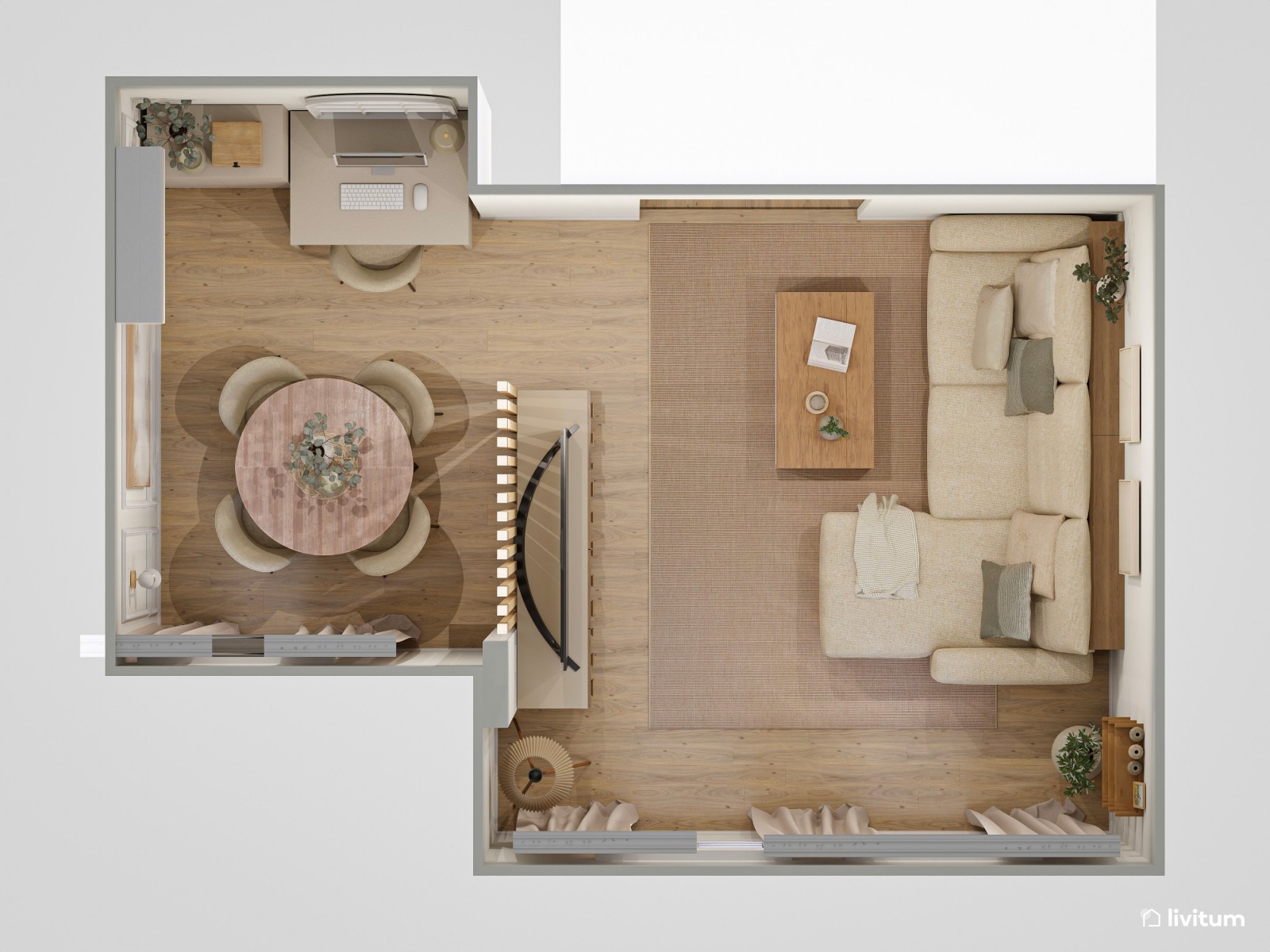 Salón pequeño, moderno y elegante con zona de trabajo 
