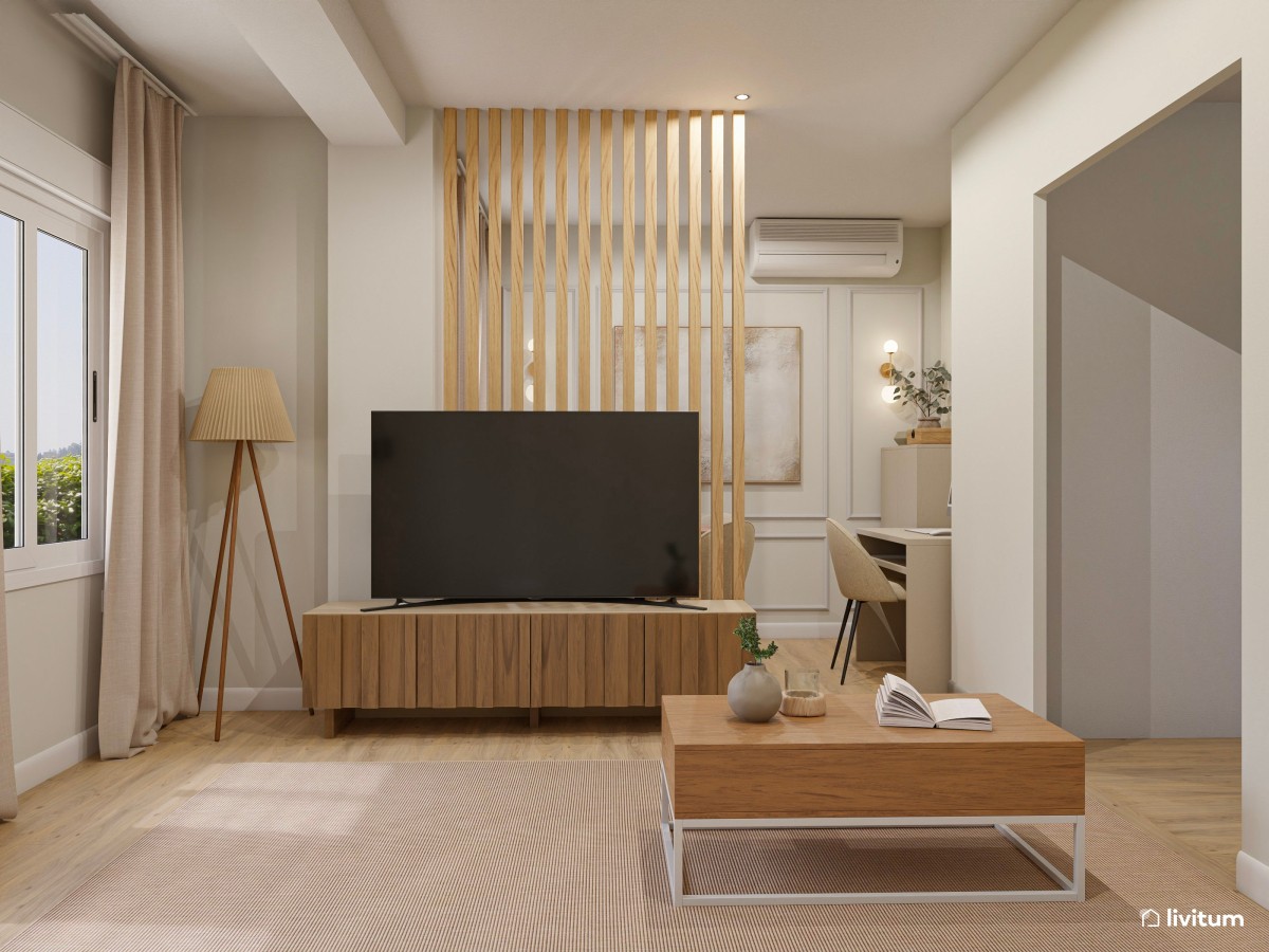 Salón pequeño, moderno y elegante con zona de trabajo