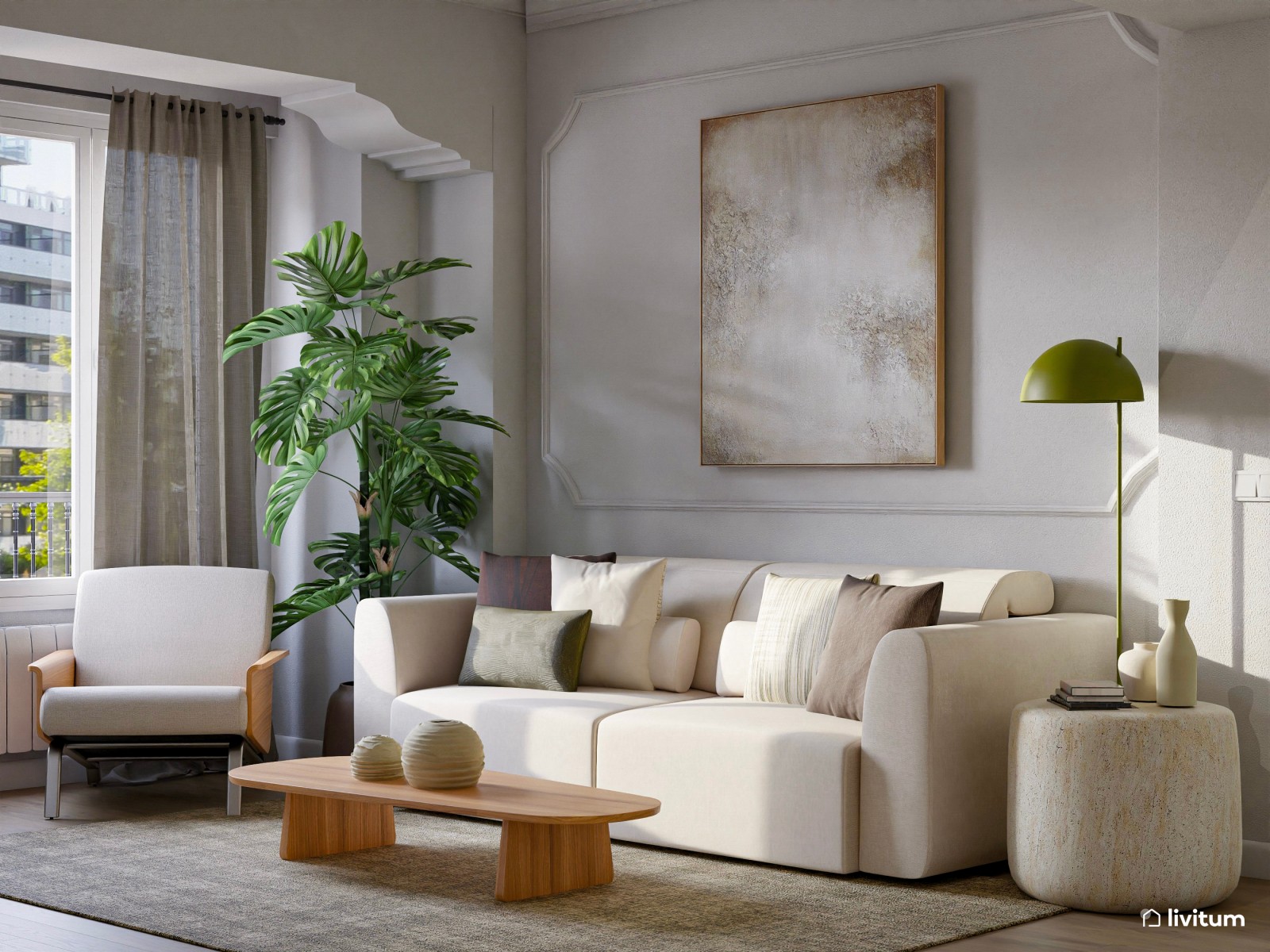 Salón pequeño muy bien distribuido y elegante con molduras