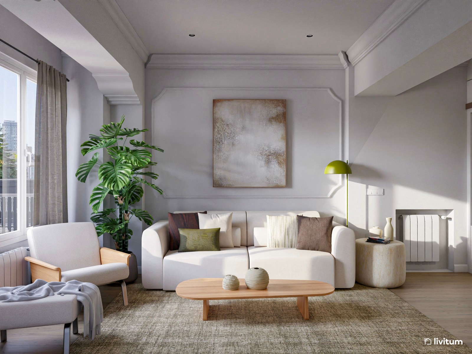 Salón pequeño muy bien distribuido y elegante con molduras