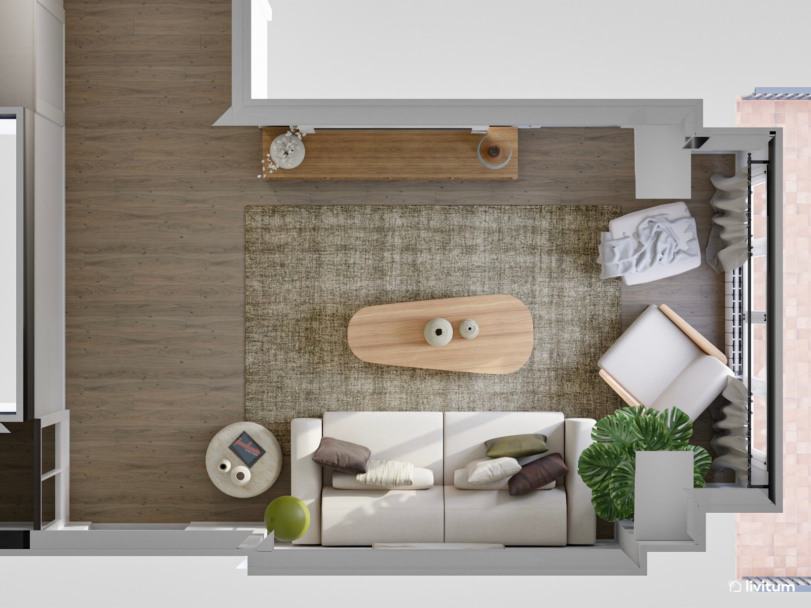 Salón pequeño muy bien distribuido y elegante con molduras